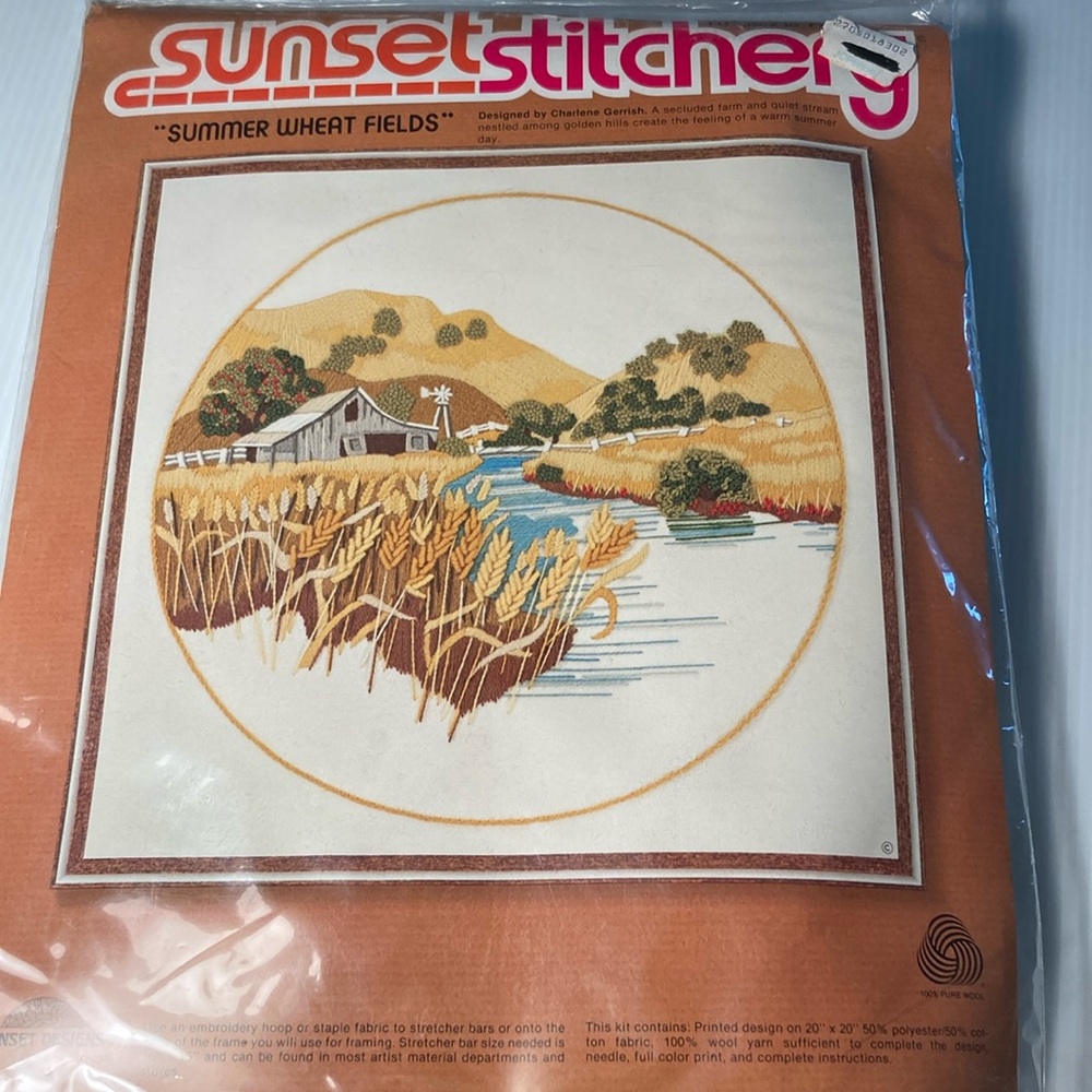 Vintage 1978 sunset stitchery kit. “Summer wheat fields” 16 x 16 circular
